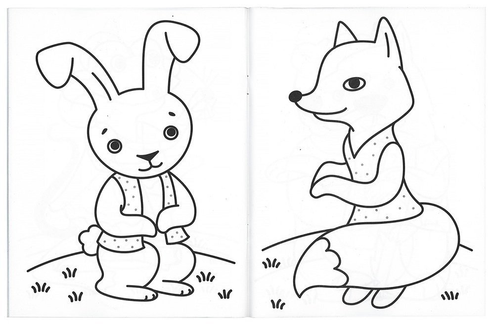 Зимние рисунки раскраски Лиса, заяц и ежик возле наряженной елки в лесу