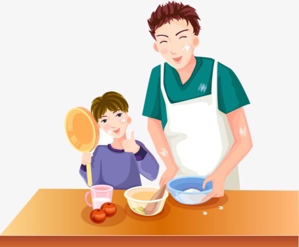 Папа с детьми готовит Рисованные