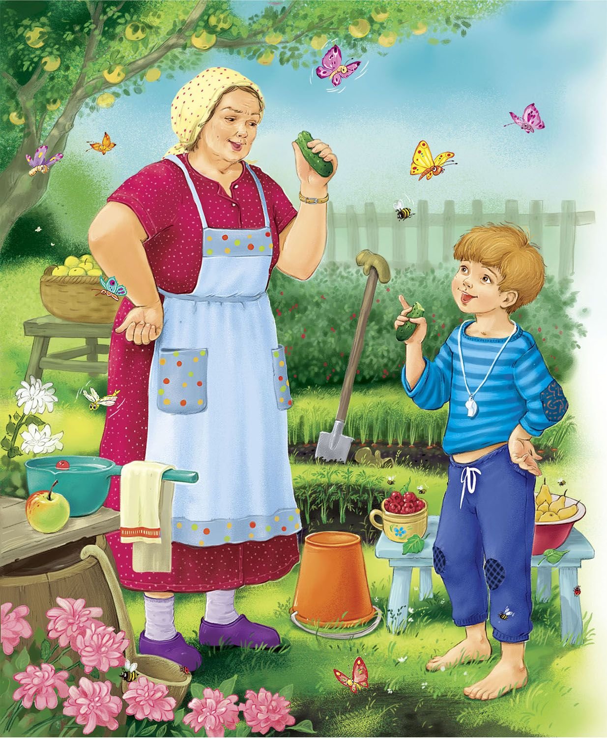 Как можно назвать бабушку. Дети иллюстрация. Бабушка в огороде для детей. Бабушка иллюстрация. Помогать бабушке в огороде.