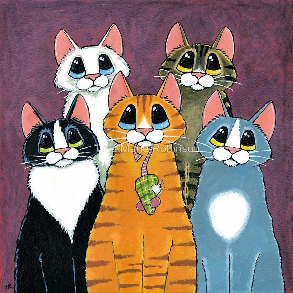 Четверо котов. Семья кошек. Стилизованные коты. Пять кошек. Рисунки котов.