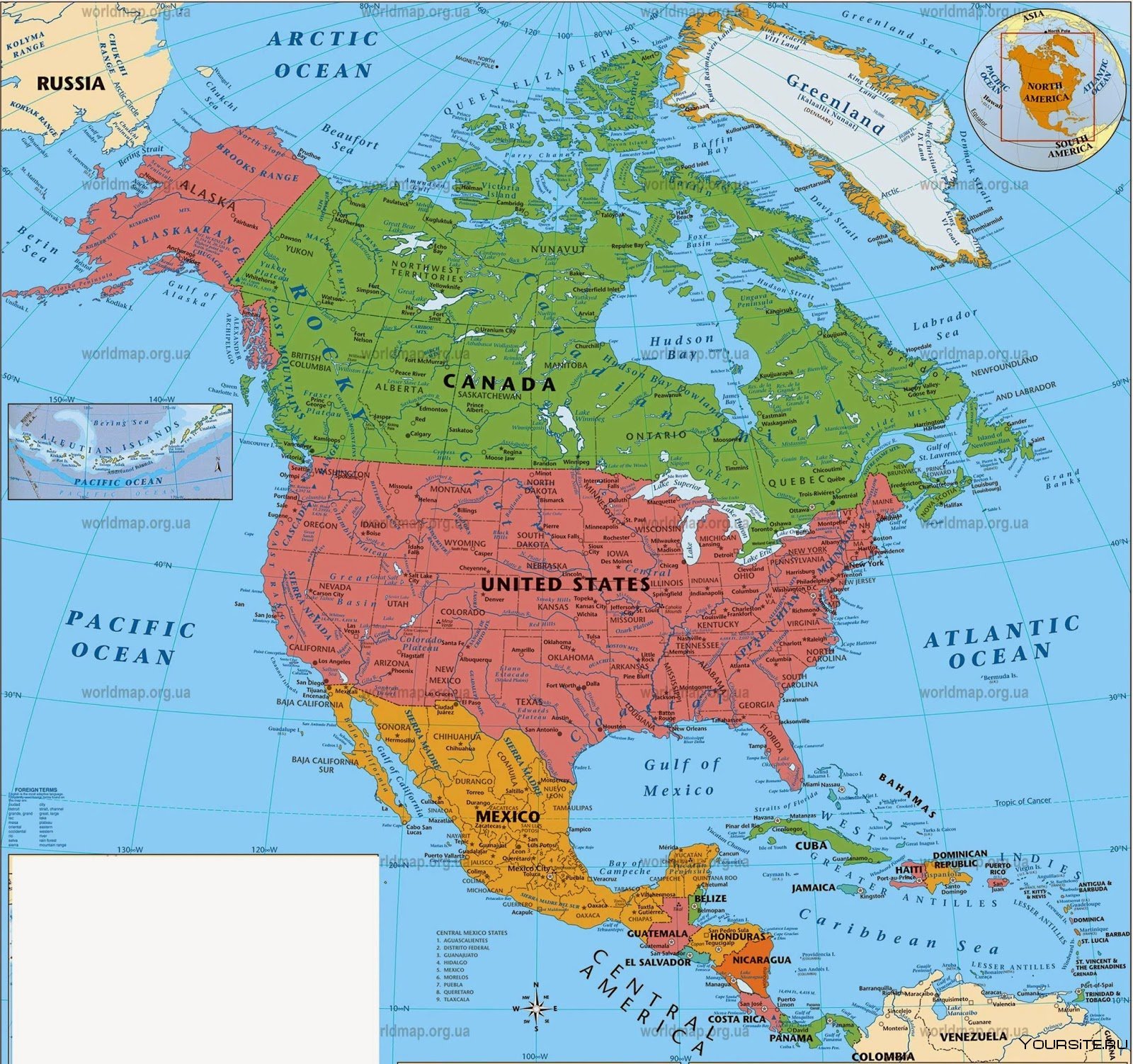 Ведущие страны северной америки. Карта стран Северной Америки на русском языке. Политическая карта Северной Америки. Политическая карта Сев Америки.