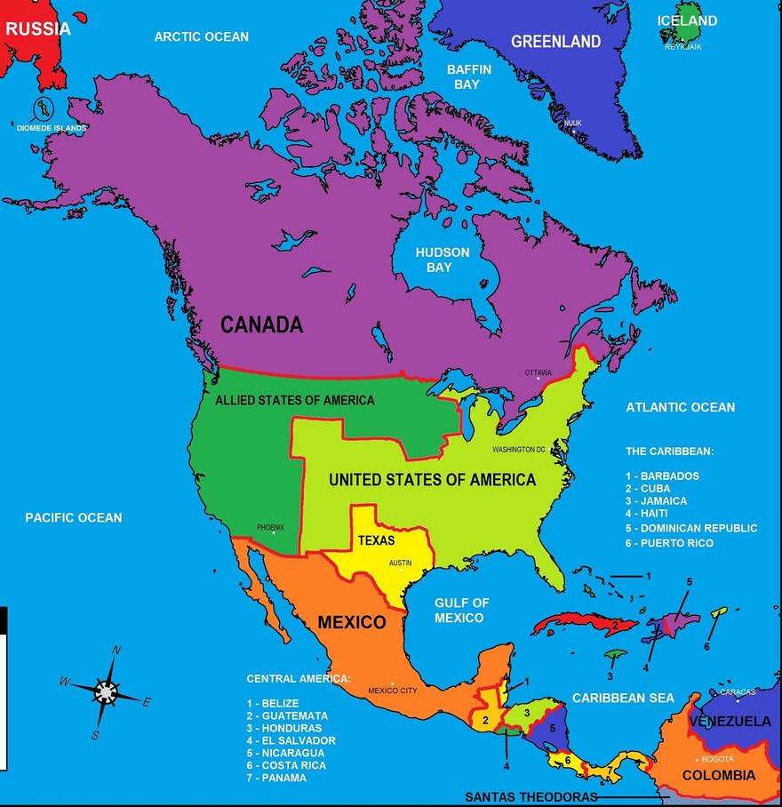Крупные города северной америки по площади. Политическая карта Северной Америки 2023. Северная Америка политическая карта на русском. Карта Северной Америки со всеми странами. Континент Северная Америка страны на карте.