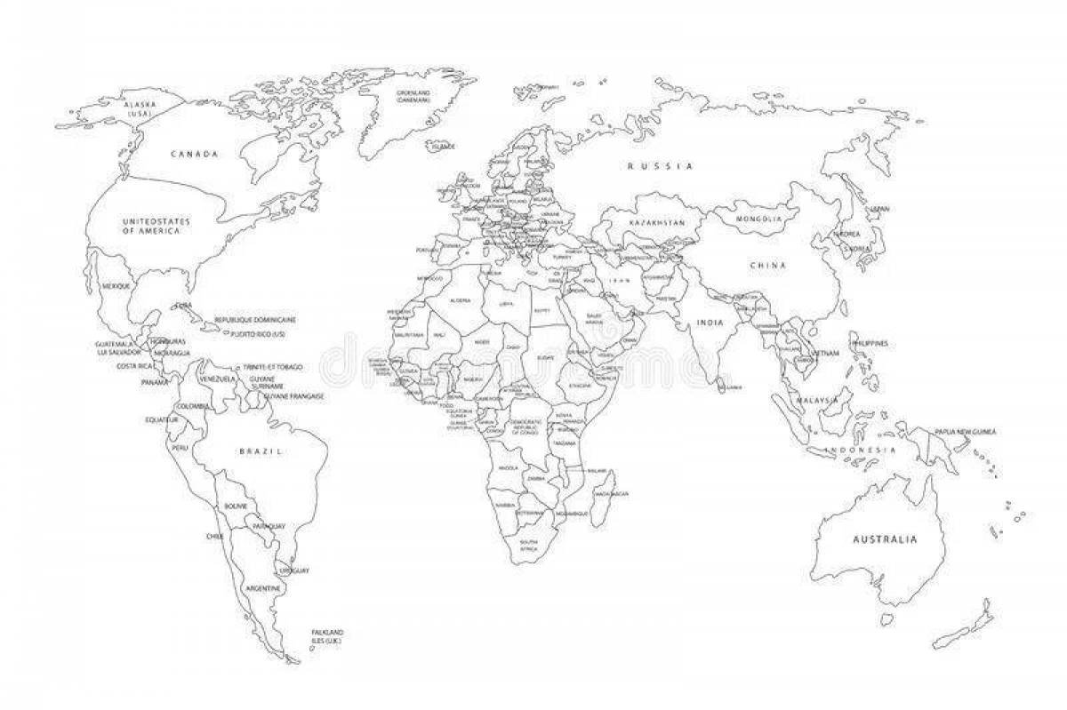 Раскраска Карта мира с указанием основных стран для студентов - Раскраски для печати бесплатно