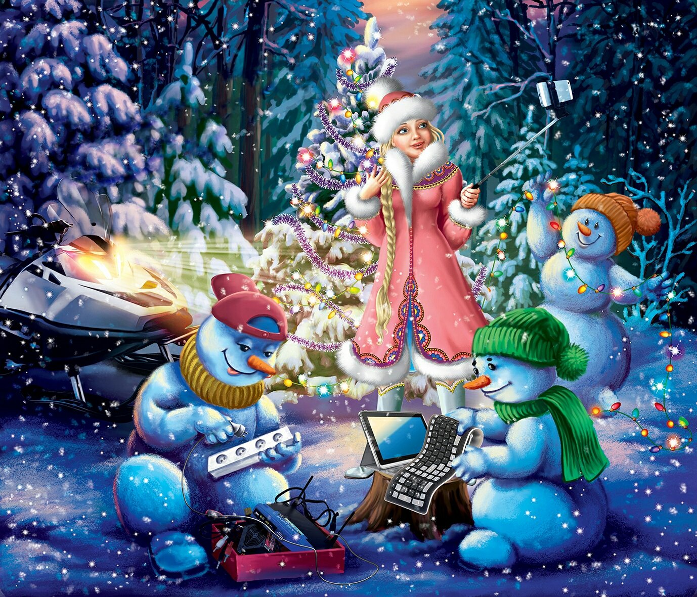 Снег снеговик снегурочка. Новогодние сюжеты. Новый год иллюстрации. Снегурочка и Снеговик. Новогодние сказочные персонажи.