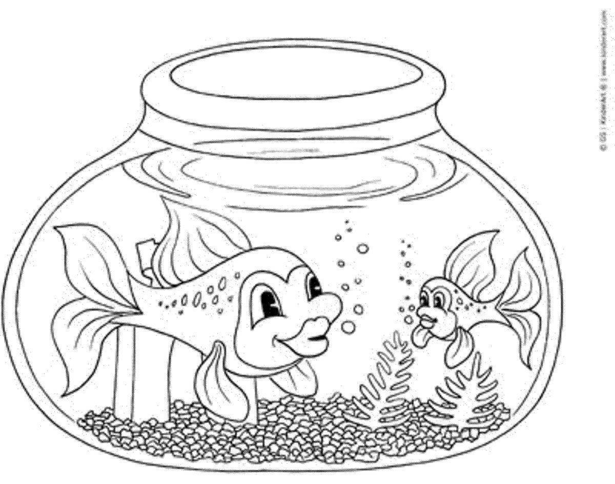 Раскраска Кошка и аквариум с двумя рыбками, скачать и распечатать раскраску раздела Рыбы