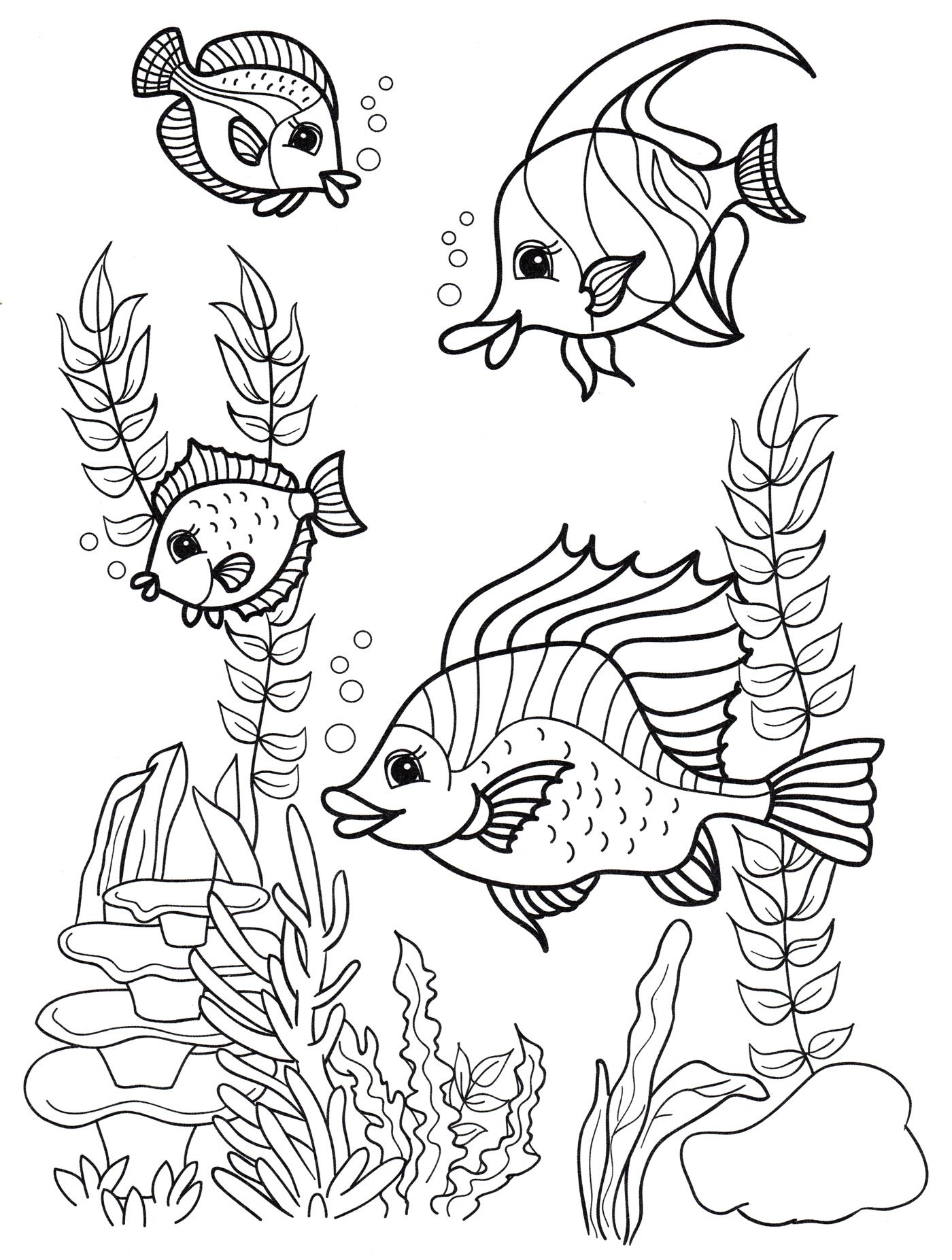 Раскраска Большая рыба, морские водоросли и ракушка: распечатать бесплатно, скачать