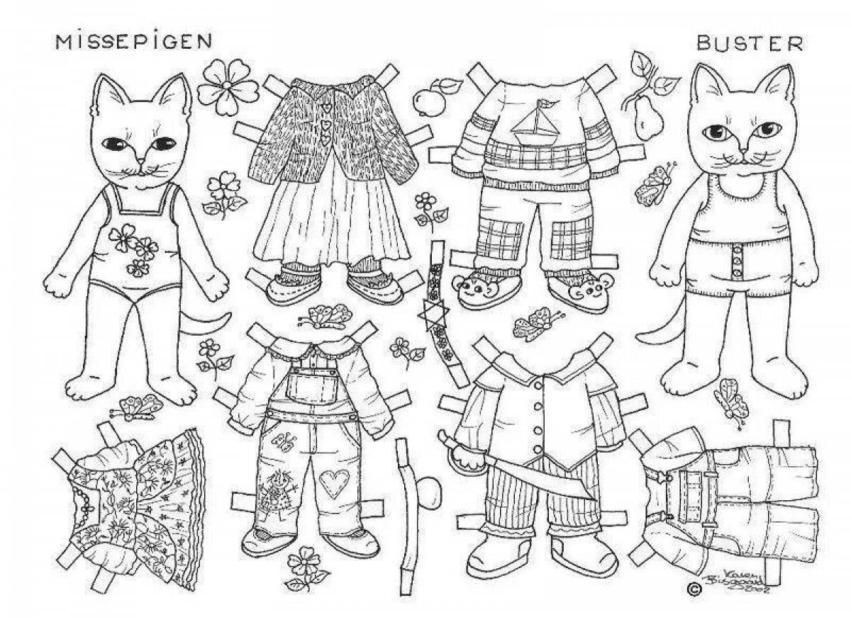 Раскраска милых котиков с одеждой. Бумажные куклы с одеждой для вырезания. Бумажная кукла раскраска. Раскраска кукла с одеждой. Кошка с одеждой для вырезания.