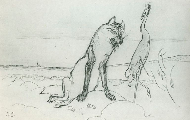 Волк журавль толстой. Иллюстрация к басне Крылова волк и журавль. Басня волк и журавль. Волк и журавль басня Крылова.