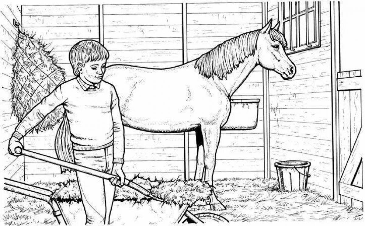 Мальчики в конюшне. Раскраска. Лошади. Раскраска лошади в конюшне. На ферме. Раскраска. Конюшня раскраска для детей.