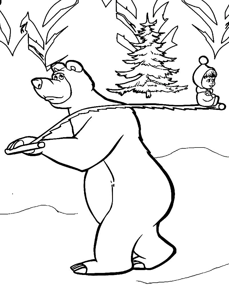 Раскраска Маша и Медведь распечатать бесплатно на А4