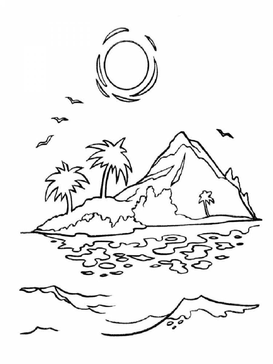 Остров с пальмами — раскраска для детей. Распечатать бесплатно.