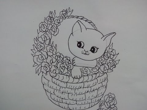 Раскраска котик с цветами