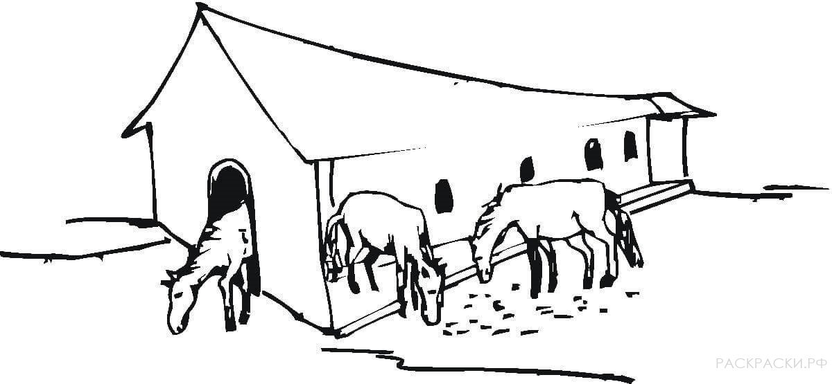 Конюшня рисунок. Раскраска конюшня. Конюшня раскраска для детей. На ферме. Раскраска. Коровник для детей.