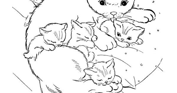 Раскраска мама кошка с котятами