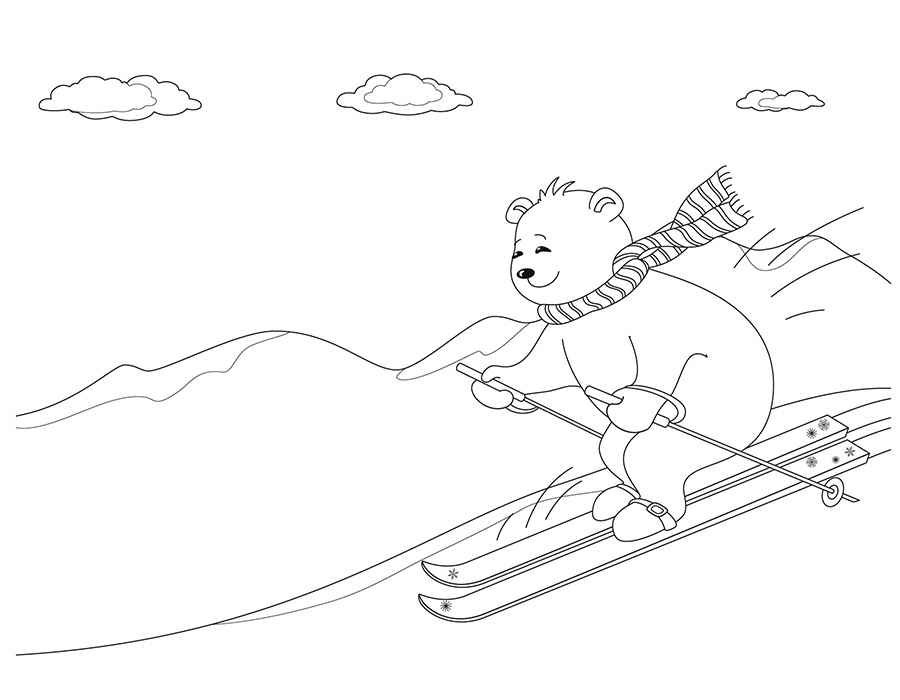 Раскраска - Мальчик на лыжах в лесу