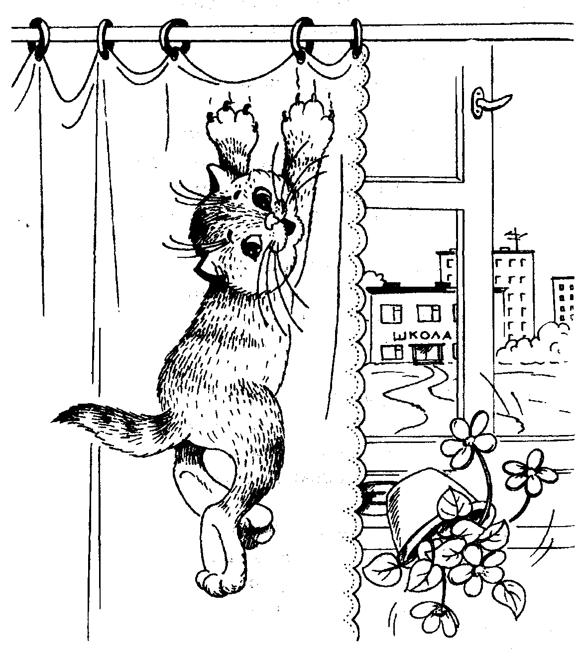 Звук шипящей кошки. Раскраска котик на окне. Кот шалун висит на шторе. Раскраска котик в окошке. Кошка на окошке раскраска.