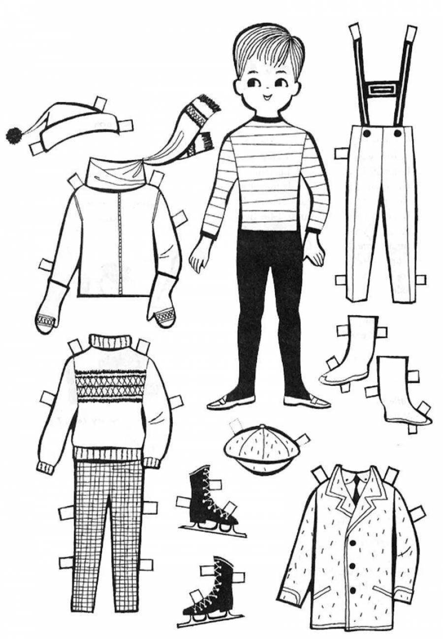 Раскраска Бумажная кукла мальчик с одеждой для вырезания распечатать или скачать