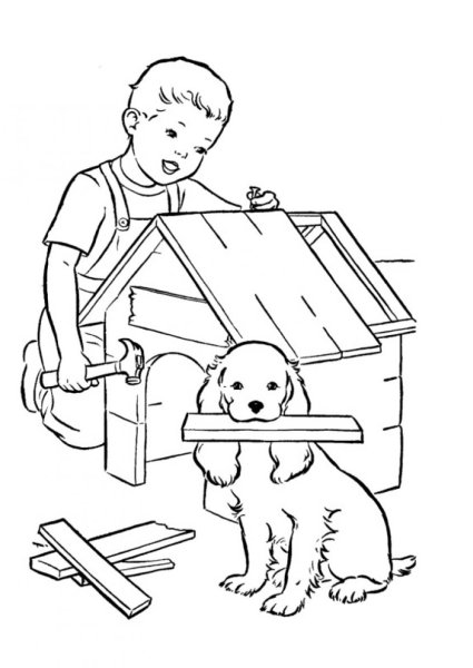 Раскраска щенок в будке для детей