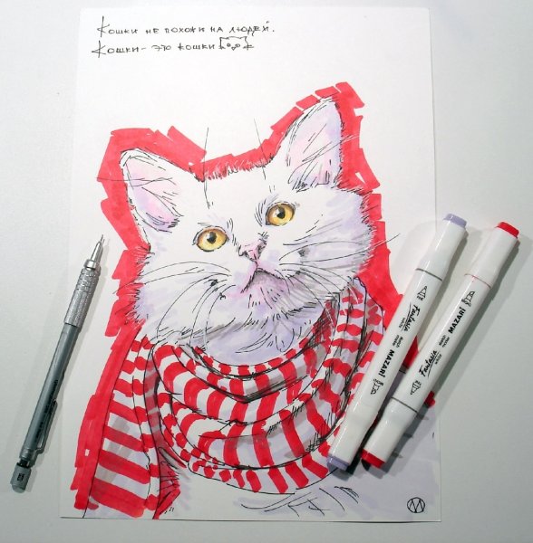 Кошка маркерами для скетчинга