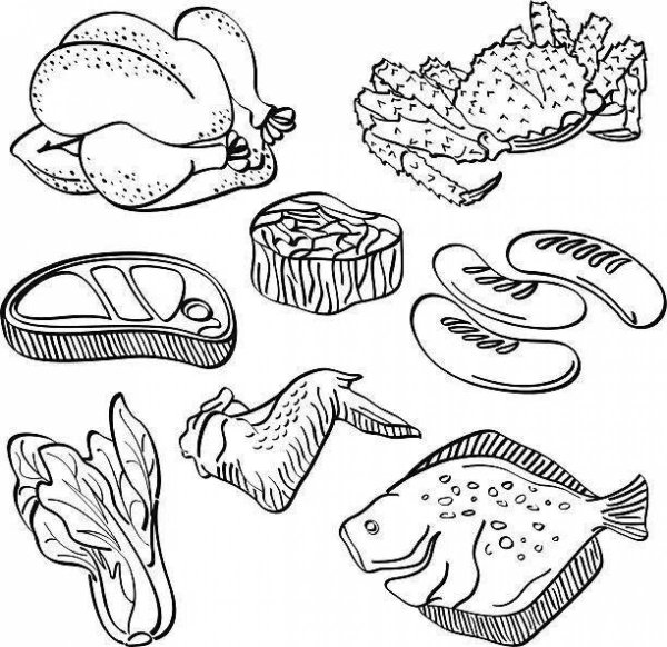 Рыбная и мясная продукция раскраска