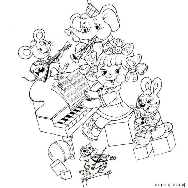 Раскраска игра на музыкальных инструментах