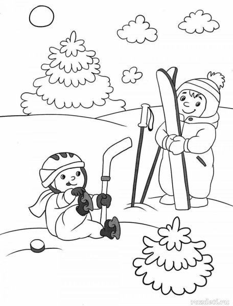Зима, игры на улице дети Зимние раскраски для малышей