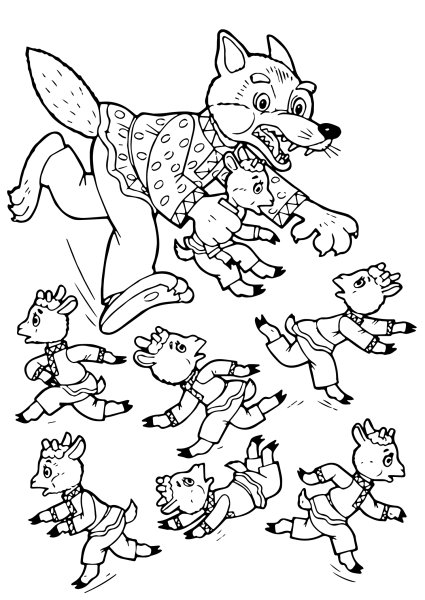 Раскраски по сказке волк и семеро козлят для детей