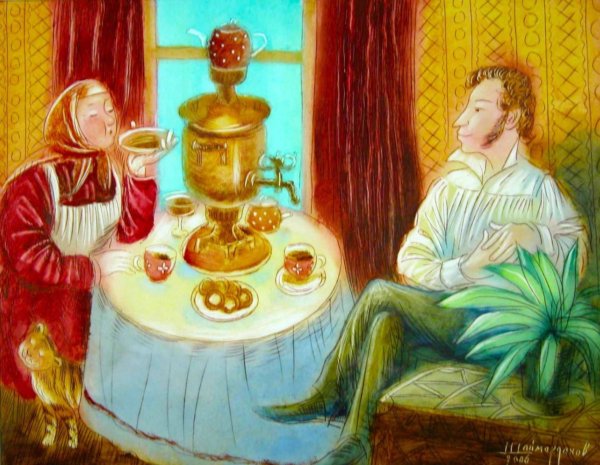 Пушкин и Арина Родионовна чай и блины
