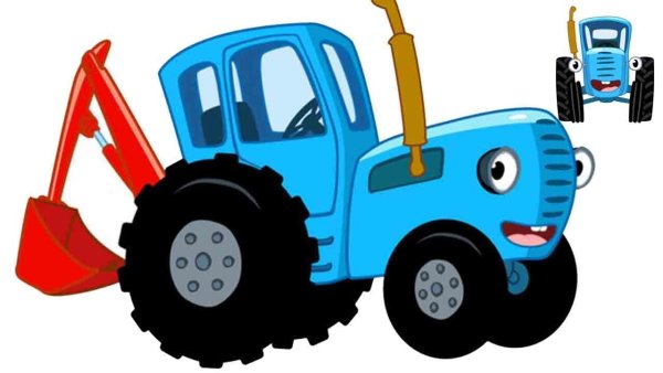 Синий трактор спереди с телегой на белом