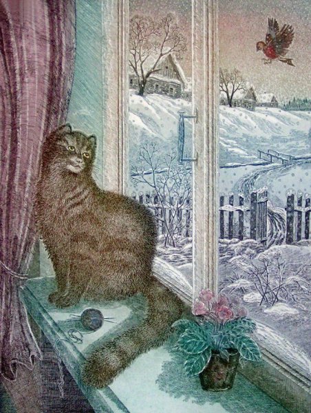 Кошка на окошке зимой