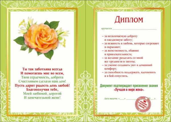 Диплом лучшая жена