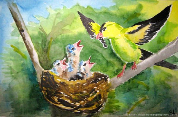 Птицы в гнезде живопись