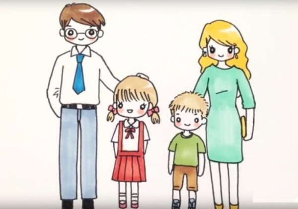 Детский рисунок семьи из 4 человек