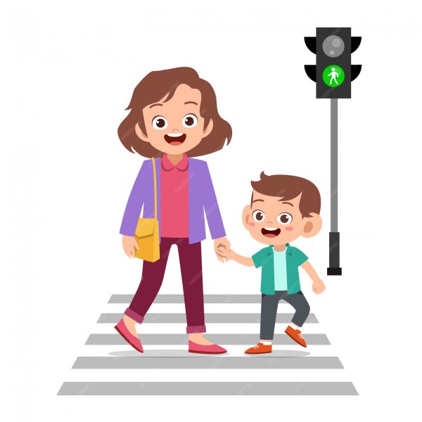 Мама с ребенком переходят дорогу