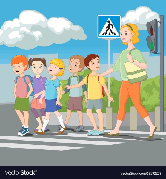 Родители с детьми переходят дорогу