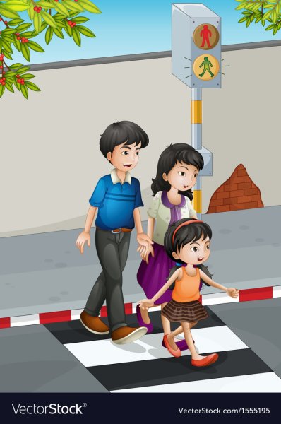 Ребенок с родителями переходят дорогу