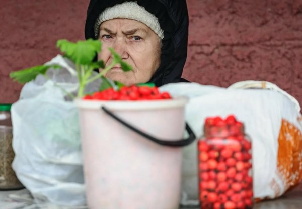 Бабушка продает ягоды