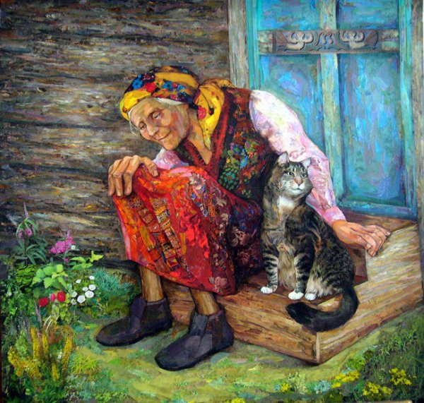 Бабушка с котом живопись