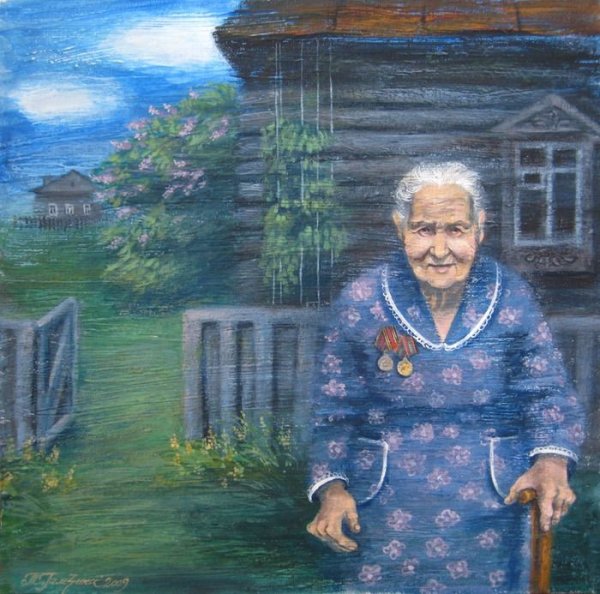 Старушка в деревне в живописи