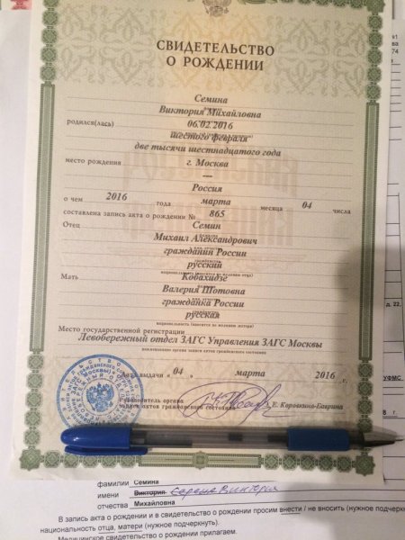 Свидетельство о рождении 2016 года
