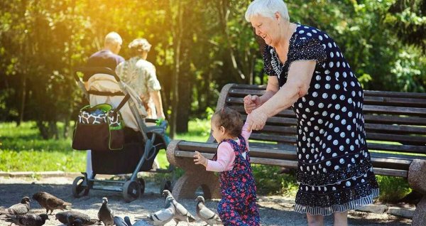 Бабушка с внуками на прогулке