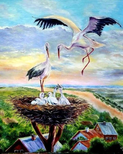 Аисты в гнезде живопись