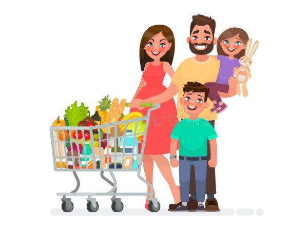 Семья с тележкой продуктов