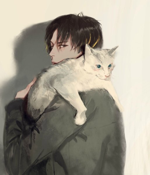 Парень с кошкой арт