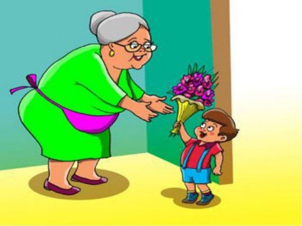 Внук дарит бабушке цветы