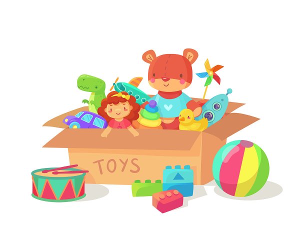 Детские игрушки в коробке вектор