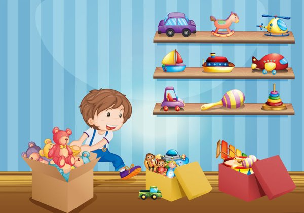 Ребенок убирает игрушки вектор