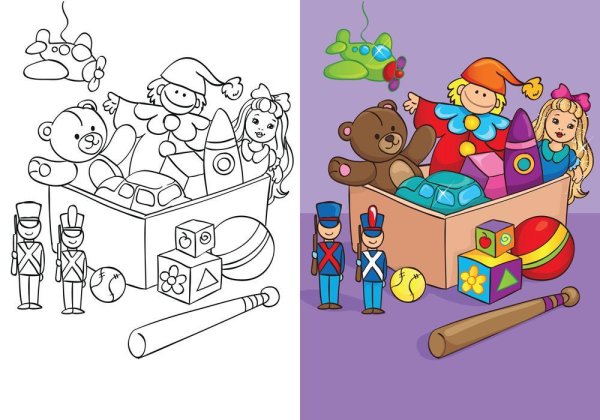 Раскраска для детей ящик с игрушками