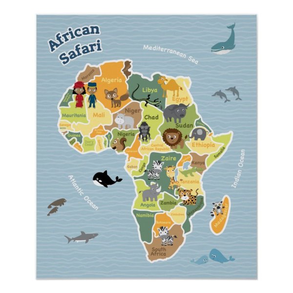 Карта Африки с животными для детей