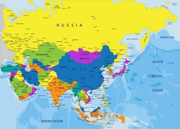 Карта Азии со странами и столицами на русском языке